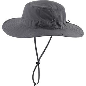 Unisex Dark Grey 100% Nylon Wide Brim Boonie With Chin Strap Classic Bucket Hat